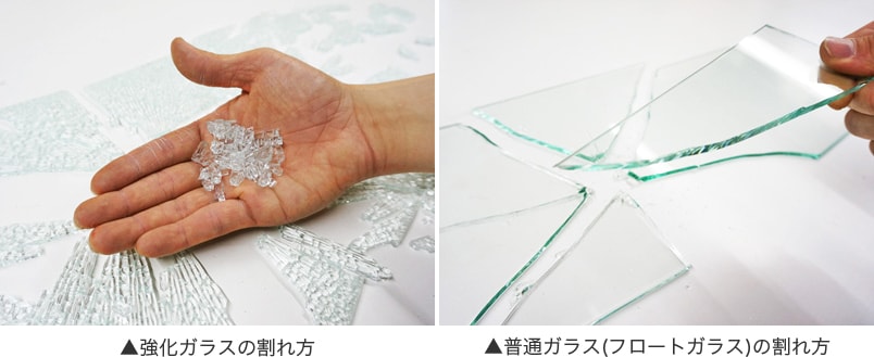 左:強化ガラスの割れ方　右:普通ガラスの割れ方